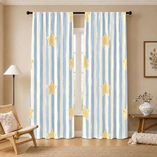 Trinx 2Pcs Striped Star Curtains, light filtering fabric, playful and bright print pattern, sunshade privacy protection, rod-pocket design, suitable for living room, bedroom, balcony, kitchen home decoration | Wayfair