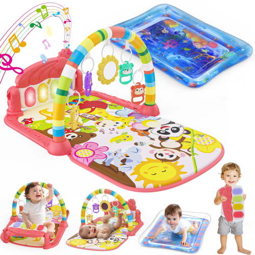 WonderStone Baby Gym Playmat for Infant,Tummy Time Water Mat with 5 Infant Sensory Baby Toys & Musical Piano Activity for 0-36 Months Boys Girls，Red