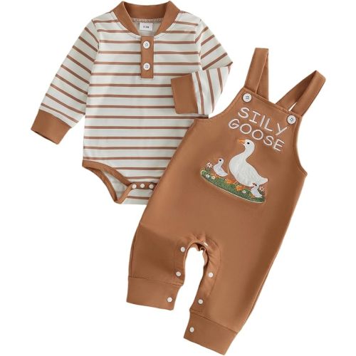 Kavousa Newborn Baby Boy Fall Winter Clothes Romper Overall Pants Outfit | Newborn Baby Boy Outfit, Long Sleeve Romper with Overall Pants Set, for Fall winter Photos, Outdoor, Holiday Gift, Daily