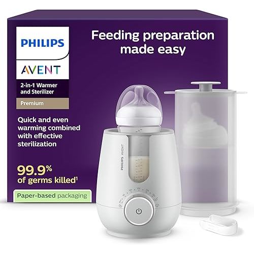 Philips Avent Premium 2-in-1 Warmer & Sterilizer - with Hospital-Standard Water Bath Technology, Smart Temperature Sensor, Hotspots Prevention, Chemical-Free Sterilization, with Tongs, Model SCF359/20