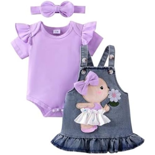 Baby Girl Clothes Newborn Baby Girl Romper Ruffle Short Sleeve Cute Bear Cartoon Jeans Skirt Outfit Set 0-18 Months