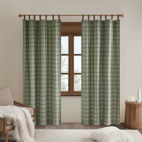 50"x84" Madison Park Light Filtering Preston Plaid Faux Leather Tab Top Curtain Panel with Fleece Lining