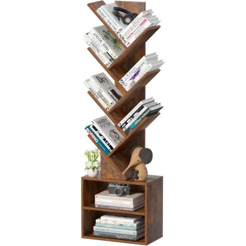 10 Tier Tree Bookshelf,Floor Standing Wood Tall Bookcase for Narrow Space, Storage Organizer Bookshelves for Books, Book Case for CDs/Movies/Books,Home Office,Living Room, Bedroom