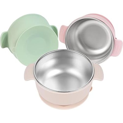 Bella’s Friends Stainless Steel and Silicone Baby Bowls with Suction 3 Pack, 4.3” for Toddlers Kids Feeding, Non-Slip, Non-Toxic, Mess-Free, Dishwasher Safe, Fit High Chair Size,beige green light pink