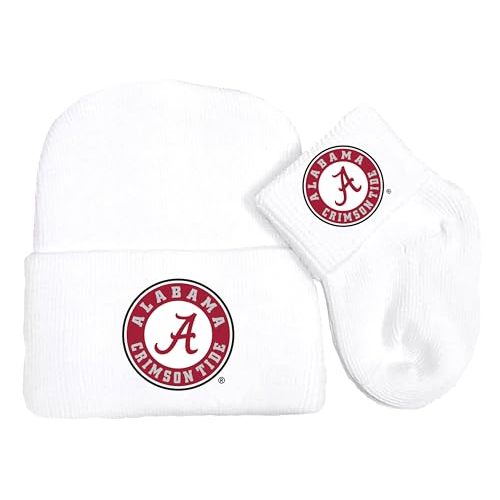 Collegiate Licensed Newborn Baby Knit Cap and Socks Set (White, Alabama Crimson Tide)