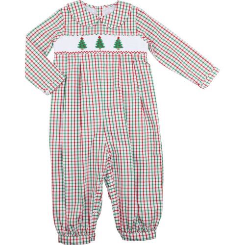 Red And Green Windowpane Smocked Christmas Tree Long Romper – Cecil & Lou