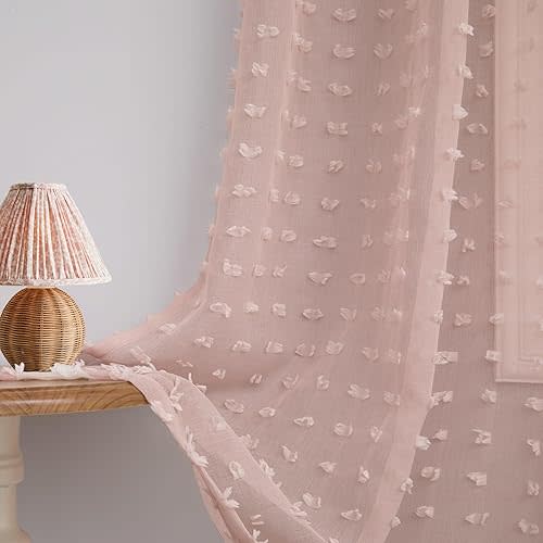DANCURTON Dusty Pink Sheer Curtains 96 Inches Long 2 Panels for Girls Bedroom Window Boho Pom Pom Sheer Semi Window Curtains Back Tab Rod Pocket Shabby Chic Pink Textured Curtain for Nursery 52x96