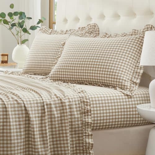 Yvrcen Ruffle Gingham Twin Sheet Set - 3 Piece Taupe Plaid Cotton Bed Sheets Twin Size - 16 Inch Deep Pocket Checkered Ruffled Sheets Farmhouse Decor - Linen-Feel & Breathable