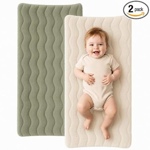 Konssy Waterproof Muslin Changing Pad Cover 2 Pack, 100% Cotton Quilted Diaper Changing Table Sheets, Soft Breathable Boho Nursery Bedding for Baby, Silent & Absorbent Standard Fit (Fog Green,Cream)