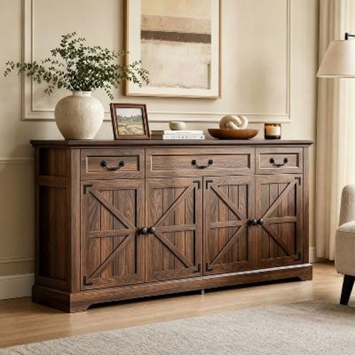 Dyonery 65" Large Sideboard Buffet Cabinet with Storage ¨C Farmhouse Kitchen Sideboard, 3 Drawers & 4 Doors, Coffee Wine Bar Cabinet
