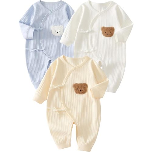 3-Pack Baby Boys Girls Clothes, 100% Cotton Infant Newborn Outfit Cute Bear Ribbed Knit Long Sleeve Button Romper