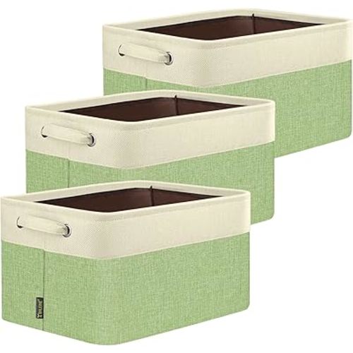 BALEINE 3 Pack Fabric Storage Bins for Shelves, Linen Storage Baskets for Organizing, Decorative Closet Bins for Clothes, Home (Green, 14''x10''x8.5'')