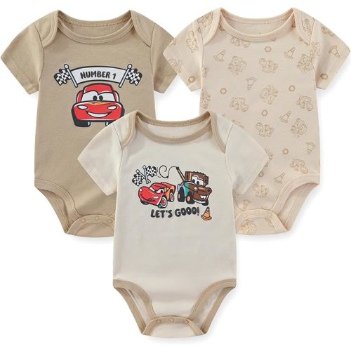 Disney Cars Lightning McQueen Tow Mater Baby Boys 3 Pack Bodysuit for Newborn and Infant