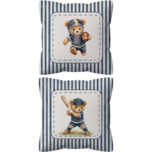 kdqua Bear Nursery Pillow Cover 18x18 Double-Sided, Sports Decorations Throw Pillow Cover, Blue Striped Football Baseball Player Bear Pillowcase Covers for Kids Boys Nursery Room Bedroom Decor
