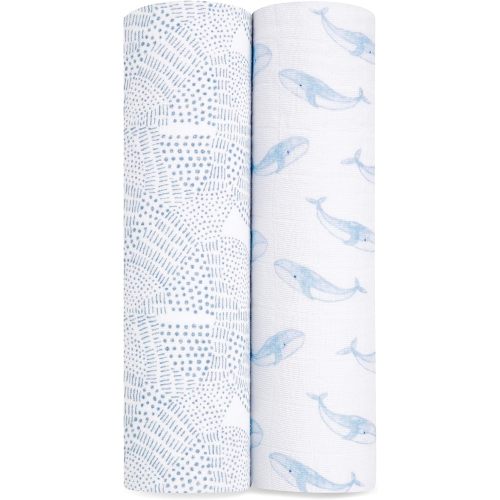 aden + anais Boutique Organic Cotton Muslin Swaddle 2 Pack, Breathable Baby Receiving Blanket, Soft and Lightweight Wrap, Diaper Bag Must Have, Oceanic