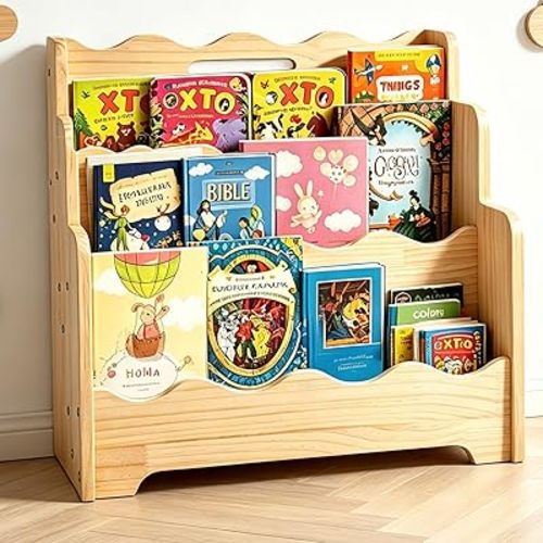 LINMAGCO Scalloped Kids Bookshelf, 3-Tier Montessori Toddler Bookcase, Front-Facing Book Organizer with Handle, Solid Pine Wood, Nursery Book Shelves for Bedroom Playroom Classroom & Reading Corner