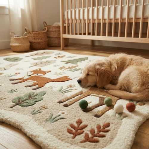 Hand-Tufted Wool Woodland Animals Nursery Rug – Fox, Deer, Bunny Playmat