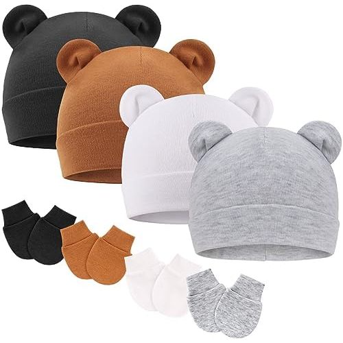BQUBO Newborn Baby Hats Mittens Set Infant Cotton Bear Ears Caps and Gloves