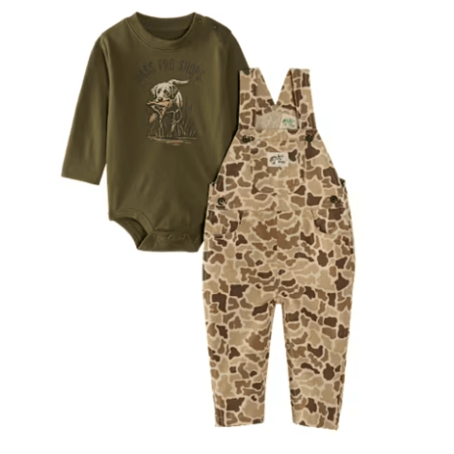 Bass Pro Shops Overalls and Long-Sleeve Bodysuit Set for Babies - Olive Camo - 12 Months