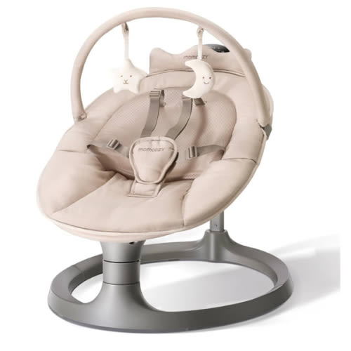 Momcozy 2-in-1 Electric Baby Swing, Dual-Arm Support System & Parent-Inspired Motions, Convertible to Toddler Seat up to 66 lbs, Adjustable Height, Lightweight, Khaki