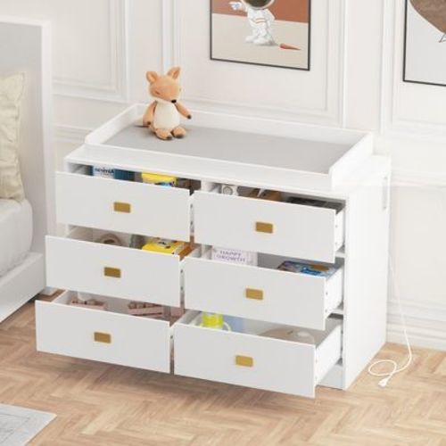 6-Drawer Changing Table Dresser,Baby Nursery Dresser & Diaper Changing Station Featuring Removable Top, Soft Pad, and Multi‑Function Storage