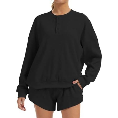 AnotherChill Women's Oversized Waffle Knit Lounge Set Long Sleeve Sweatshirt and High Waisted Shorts 2 Piece Casual Outfit