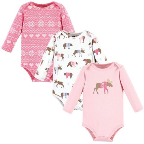 Hudson Baby Infant Girl Cotton Long-Sleeve Bodysuits, Pink Moose Bear