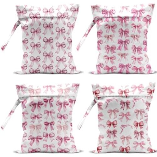 VBCVBGFH 4 Pack Cute Pink Bow Watercolor Bow Wet Bag Waterproof Reusable Wet Dry Bag for Swimsuit Dirty Clothes Diaper Beach Pool Party Camping Gift for Women Mom Thanksgiving Valentine Christmas