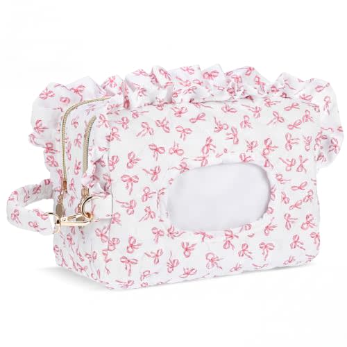 Aliceset Pink Bow Ruffle Diaper and Wipe Pouch Baby Wipe Holder | Quilted Baby Dispenser Holder Diaper and Tissue Bag Portable Travel Hanging Wet Wipes Bag Diapering Clutch for Car Stroller