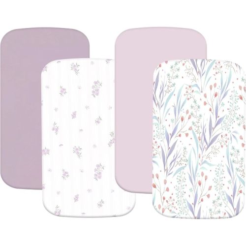 4 Pack Bassinet Sheets (19" x 33"), Compatible with Baby Delight, BabyBond, Dream On Me and Most Rectangle Bedside Sleeper Bassinet Mattress, Soft and Skin-Friendly, Purple Flower