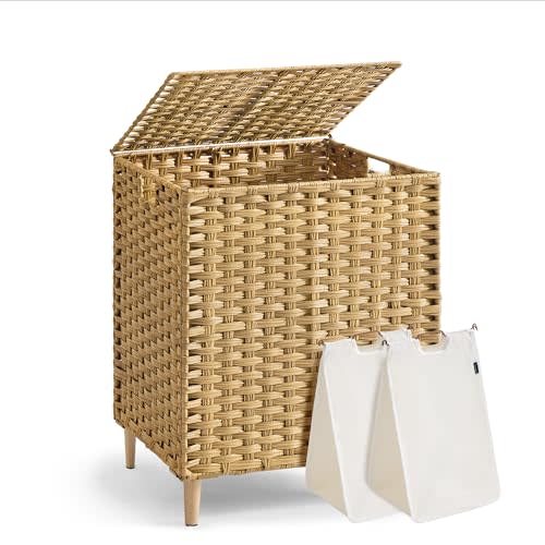 SONGMICS 2-Section Laundry Hamper with Lid, 29 Gal (110L) PE Rattan Laundry Basket with Removable Washable Liners, for Bedroom & Living Room, Goose Yellow ULCB222YE01