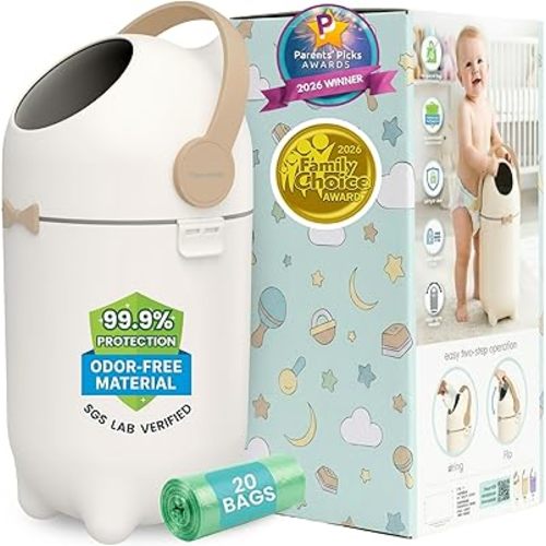 iTouchless Odor-Locking Diaper Pail - 2026 Award-Winning Ag+ Silver Ion Nursery Bin - Fits Any Bag, No Refills Needed - Includes 20 Leak-Proof Bags (Hold 300 Diapers) - Boho White Baby Registry Gift