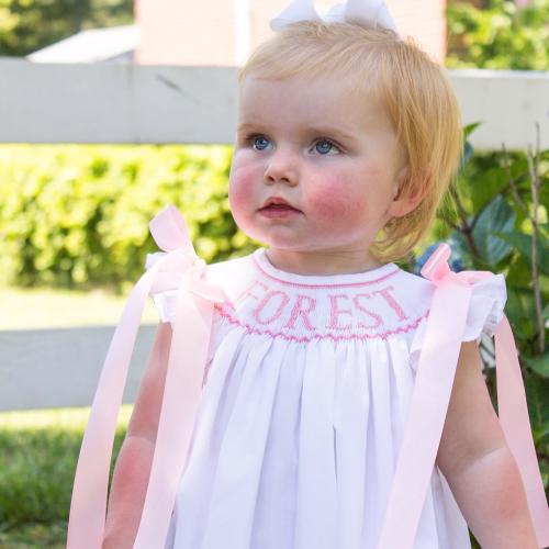 Custom Name Smocked Bishop Dress White Pink Hand Smocking Ribbon Bows Baby Gift Baptism Wedding Heirloom Portrait Newborn - Girls Size 8