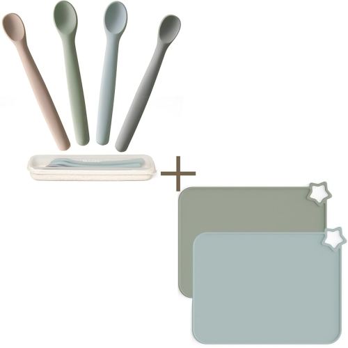Moonkie Silicone Baby Spoons Set of 4 & Non-Slip Placemats for Toddlers | 2 Sizes Feeding Utensils for 4+ Months | Bendable, Chewproof, Stain Resistant & Dishwasher Safe | Perfect for Mealtime