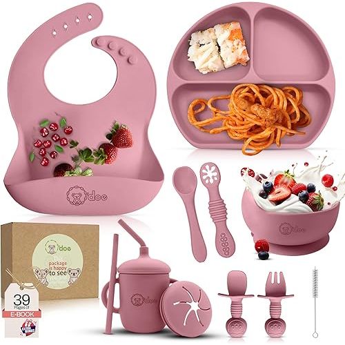 O'doe Lot de 11 mangeoires LED pour bébé | Bol à ventouse en silicone auto-mangeant avec mangeoire à fruits, tasse, bavoirs, assiette alimentaire avec couvercle 6 mois et plus