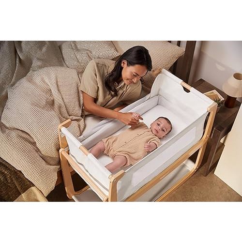 SnuzPod 4 Rocking Baby Bassinet Bedside Sleeper - Lightweight, Portable Bedside Bassinet, Lift Off Crib, Zip Down Wall, 3D Breathable Mattress, 6 Height Settings and Comfort Incline Mode, Natural