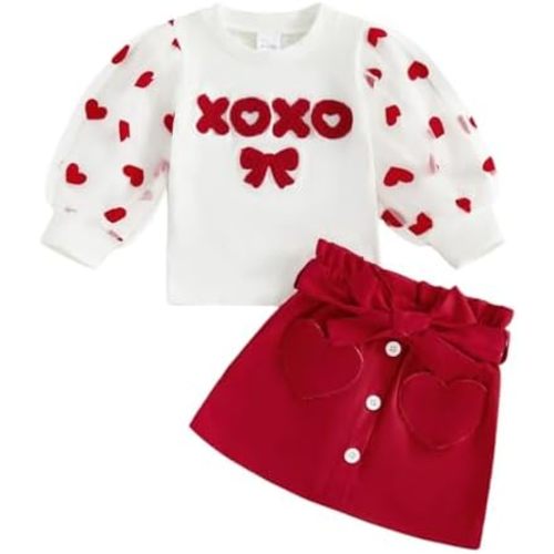 Kids Toddler Baby Girl Valentine's Day Outfit Lace Long Sleeve Heart Sweatshirt Top with Red Belted Skirt Set
