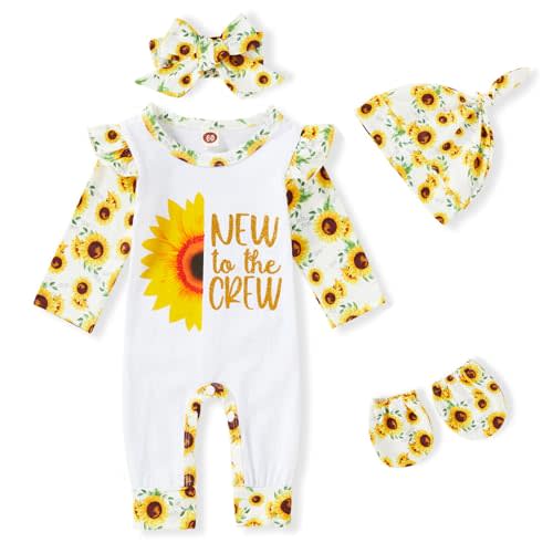 GRNSHTS Newborn Baby Girl Romper Infant Letter Print Jumpsuit Floral Bodysuit+Hat+Headband+Gloves Coming Home Clothes Outfits