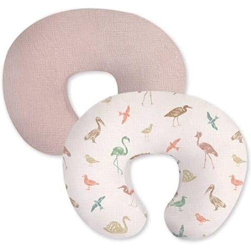 Little Grape Land Muslin Nursing Pillow Covers 2 Pack, 100% Cotton Removable Breastfeeding Pillow Covers, Feeding Pillow Slipcovers for Baby Boys & Girls, (Wetland Birds & Rosy)