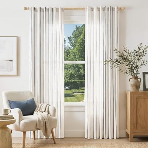 Striped Curtains Blue on White Semi Sheer Curtains 84 Inches Long for Living Room Bedroom Modern Farmhouse Linen Textured Light Filtering Drapes 2 Panels Blue W50 x L84 Inch