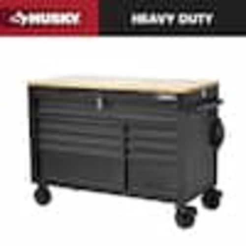 Husky 52 in. W x 25 in. D Heavy Duty 9-Drawer Mobile Workbench Cabinet with Adjustable-Height Hardwood Top in Matte Black HOLC5209BB1M