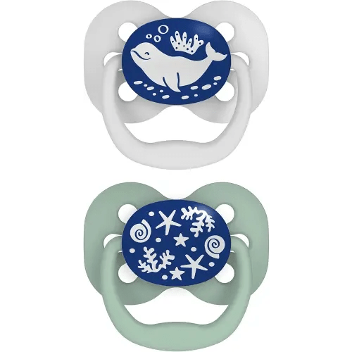 Dr. Brown's Advantage Glow-in-the-Dark Baby Pacifier, Fully Symmetrical Soother with Soft Silicone Bulb, Blue Ocean, 0-6m, BPA Free, 2 Pack