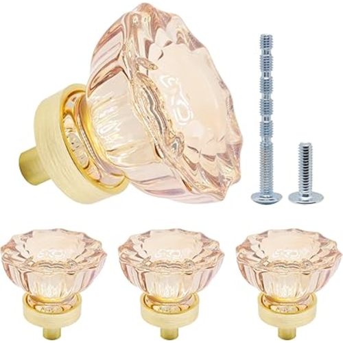Cabinet Knobs, Glass Knobs for Cabinets Dia. 1.4" Crystal Knob for Dresser Gold Cabinet Pulls Glass Drawer Knob Handles for Bathroom Kitchen Furniture (4pcs, Champagne Flower)