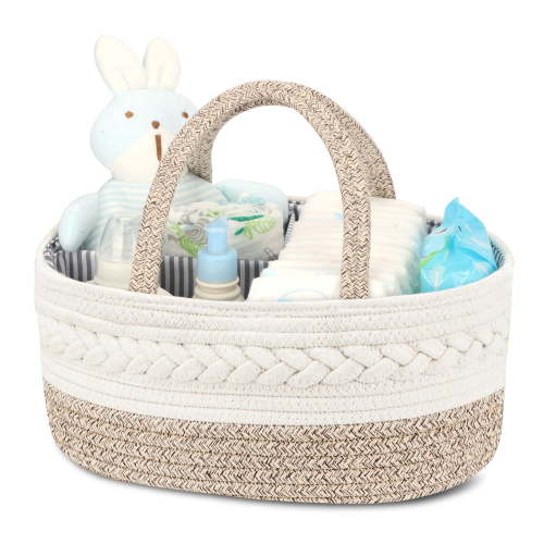 Cotton Rope Diaper Caddy Organizer for Baby Essentials, Portable Nursery Storage Basket with Removable Divider, Perfect for Changing Table and Baby Shower Gifts, Brown