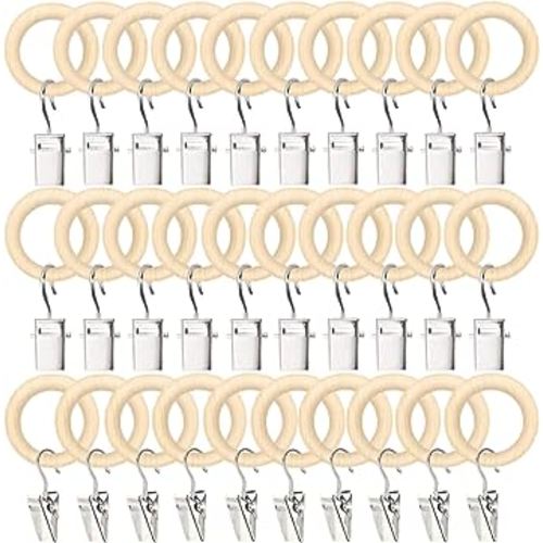 POVETIRE 30 Pack 2.5 Inch Wood Rings with Clips for Hanging Baby Headband Hair Accessories Baby Bib NecklaceJewelry Hat Holder