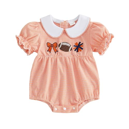 Newborn Baby Girl Clothes Football Embroidery Striped Puff Short Sleeve Jumpsuit Rugby Smocked Bubble Outfit