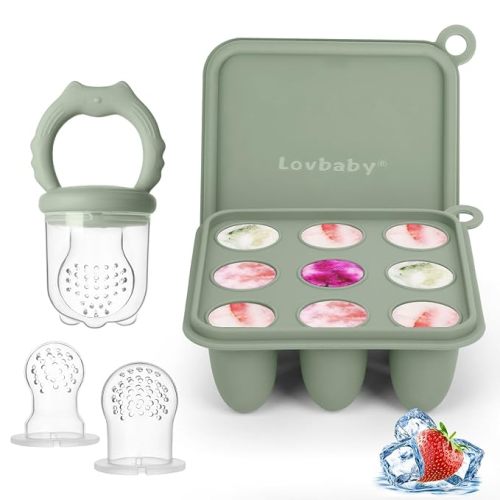 Baby Fruit Food Feeder Breastmilk Popsicle Molds, Silicone Food Freezer Tray for Cooling Teething Relief, Baby Food Feeder for Safe Infant Self Feeding, Includes 3 Extra Food Pacifier