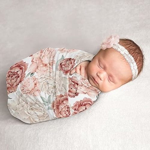 Sweet Jojo Designs Blush Pink Boho Shabby Chic Floral Girl Baby Swaddle Blanket Infant Newborn Lightweight Jersey Stretchy Receiving Security Stroller Cover Ivory Bohemian Vintage Watercolor Flower