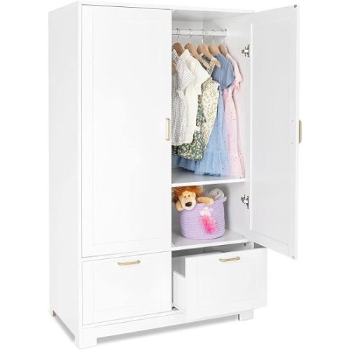 VINGLI 35" Wide White Armoire Wardrobe Closet with Adjustable Shelves and Drawers, Freestanding Closet Wardrobe Cabinet, Bedroom Armoires and Wardrobes with Doors for Kids' Room, Dorm