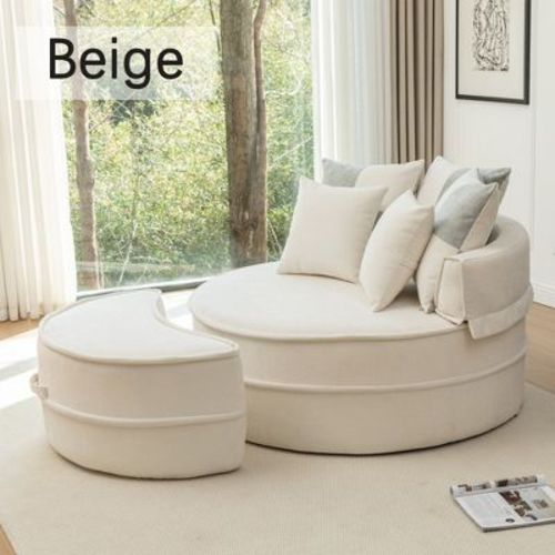 Hrinhom 47.6"W Chenille Large Round Chair with Ottoman and Pillows